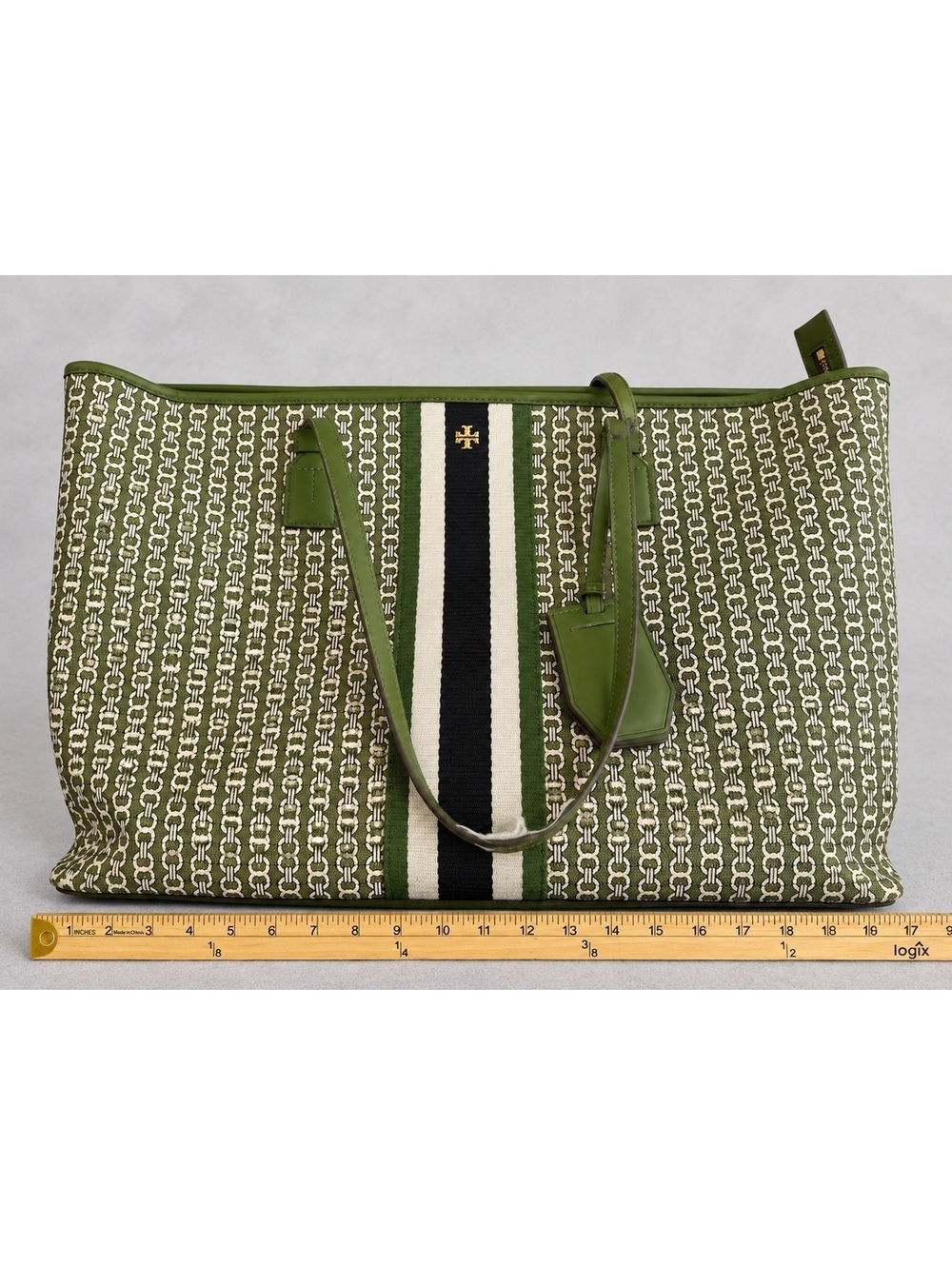 Tory Burch Green Canvas and Leather Tote Bag